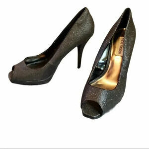 Steve Madden P-Kelly Black Glitter Peep Toe heels NWOT‎